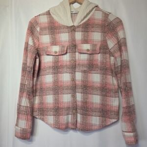 BKE Youth Thermal Plaid Hooded Shirt Jacket Size L 12 Pink Cream Button Front